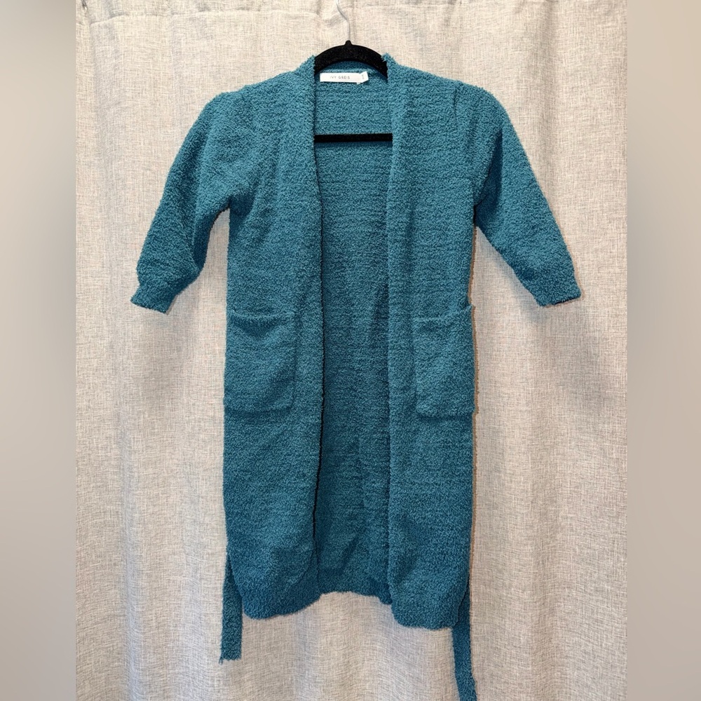Cozy Long Open-Front Teal Cardigan Robe size 4